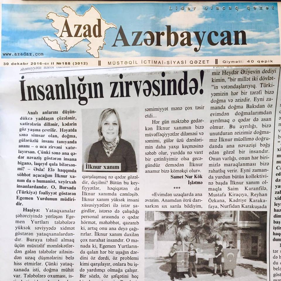 AZERBAYCAN ULUSAL GAZETESİ OLAN AZAD AZERBAYCANIN MANŞETİNE ÇIKTIK